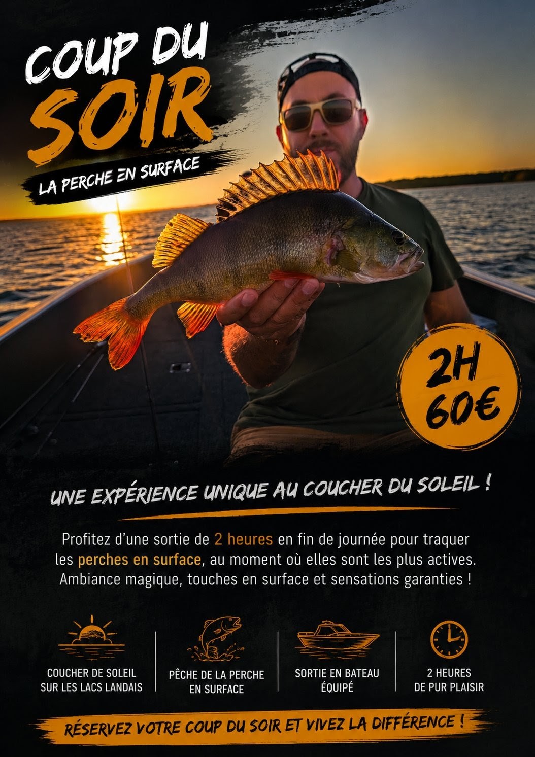 guidage pêche coup du soir sur le lac de Sanguinet