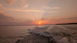 couché de soleil pendant la pêche le soir sur le lac de sanguinet